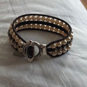 Leather and Swarovski pearl bracelet.